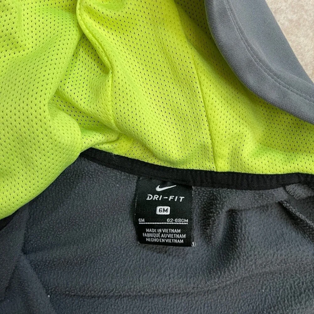 Nike Dri Fit Gray Neon Green Long Sleeve Zipper Romper Baby Boy Size 6 Month